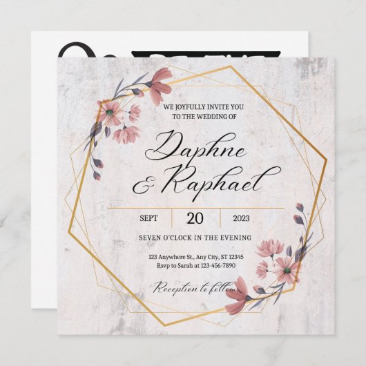 Eenvoudige en elegante Floral bruiloft-uitnodiging Kaart (Voorkant / Achterkant)