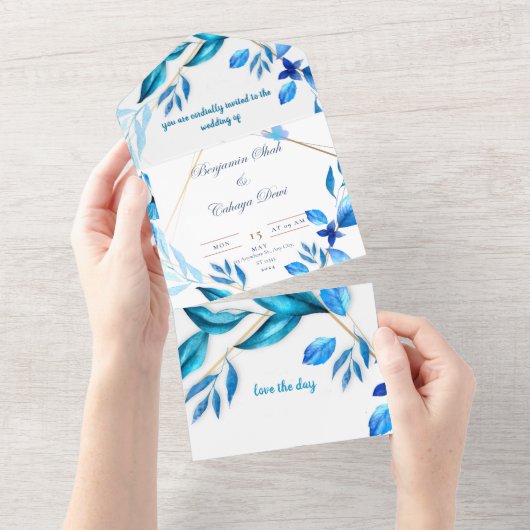 Eenvoudige envelop huwelijksuitnodiging blauw en w all in one uitnodiging (Afscheurbaar)