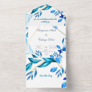 Eenvoudige envelop huwelijksuitnodiging blauw en w all in one uitnodiging
