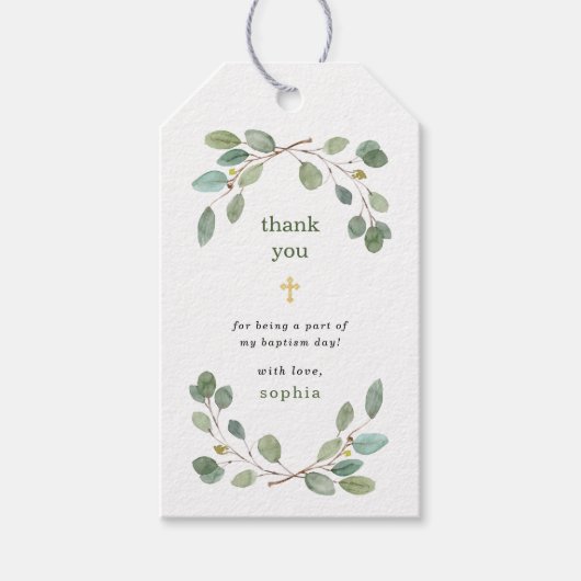 Eenvoudige Eucalyptus Greenery en Gold Cross Bapti Cadeaulabel (Voorkant)