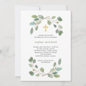 Eenvoudige Eucalyptus Greenery en Gold Cross Bapti Kaart (Voorkant)