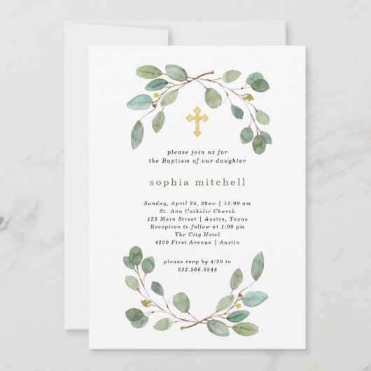 Eenvoudige Eucalyptus Greenery en Gold Cross Bapti Kaart (Voorkant)