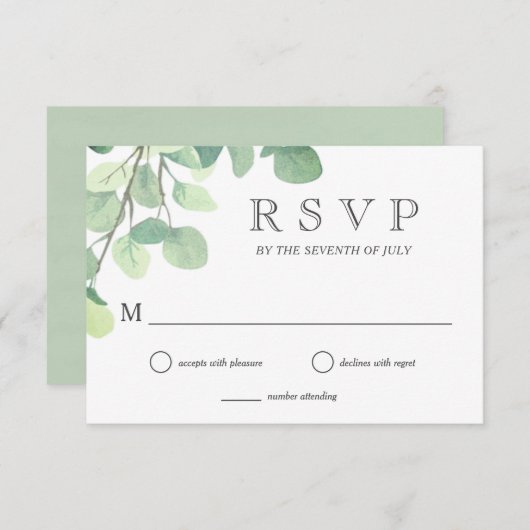 Eenvoudige eucalyptus groen bruiloft antwoord RSVP (Voorkant / Achterkant)