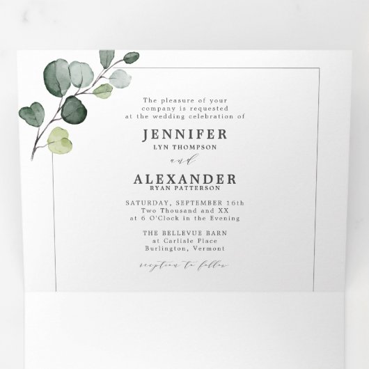 Eenvoudige Eucalyptus Groene Alles-in-één Trouw Drieluik Uitnodiging (Binnenzijde eerst)