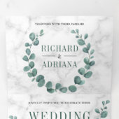 Eenvoudige eucalyptus krans alles in een marmeren drieluik uitnodiging (Binnenzijde eerst)