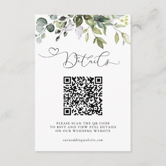 Eenvoudige Eucalyptusbladeren QR-code Huwelijksdet Informatiekaartje (Voorkant)
