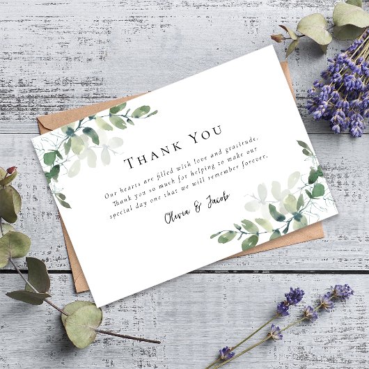 Eenvoudige eucalyptusbruiloft bedankkaart