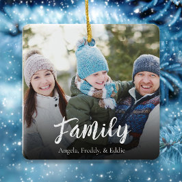 Eenvoudige Familie Kerstfoto Marine Blauw Keramisch Ornament