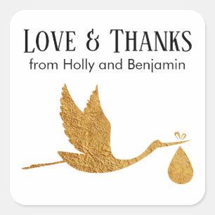 Eenvoudige Faux Gold Ooievaar Liefde & Bedankt Bab Vierkante Sticker