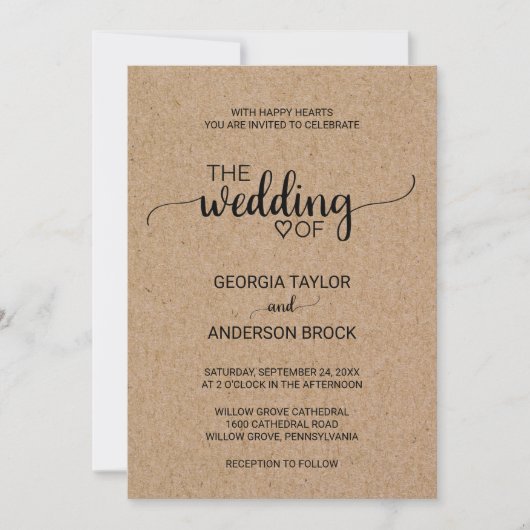 Eenvoudige Faux Kraft Calligraphy Wedding Kaart (Voorkant)