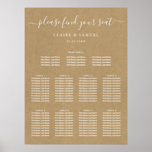 Eenvoudige Faux Rustic Kraft Wedding Seding Chart Poster (Voorkant)