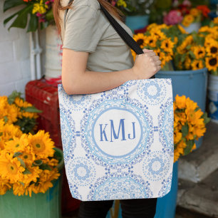 Eenvoudige Floral Navy Blue Monogram Mandala Patte Draagtas