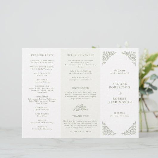 Eenvoudige Floral Sage Green Tri Fold Trouwprogram (Staand voorkant)