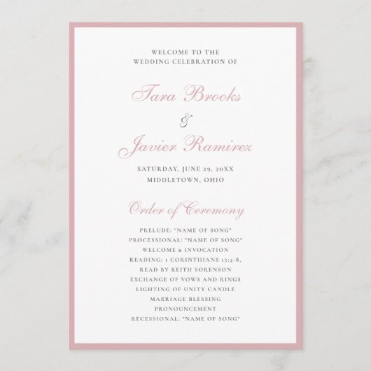 Eenvoudige formele elegante roze Roos bruiloft Programma (Voorkant)