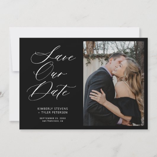 Eenvoudige foto-chic elegant script zwarte bruilof save the date (Voorkant)