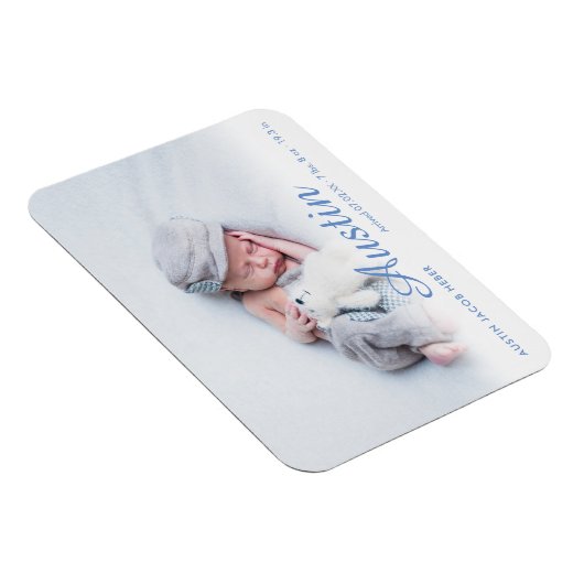 Eenvoudige foto script naam blauwe geboorteaankond magneet (Rechterzijde)