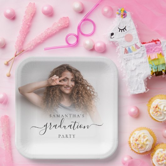 Eenvoudige Fotonaam Script Afstuderen 2024 Party Papieren Bordje (Feest)