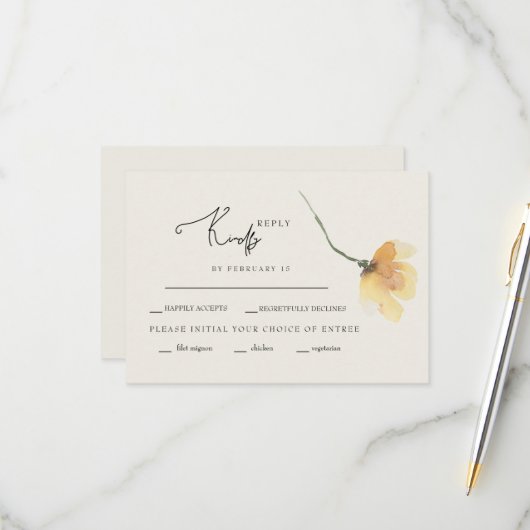 Eenvoudige gele bloemstengel crème RSVP (Voorkant / Achterkant in situ)