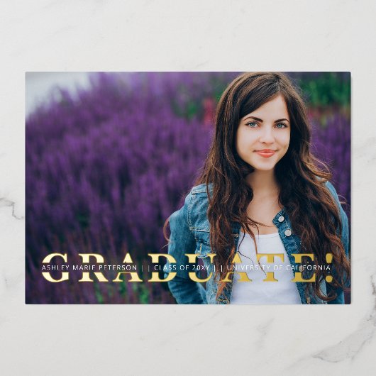 Eenvoudige gespleten Gold Script Photo Afstuderen  Folie Uitnodiging (Voorkant)