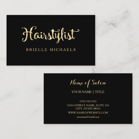 Eenvoudige Glamour FAUX Zwart en Goud Haarstylist Visitekaartje (Voorkant / Achterkant)
