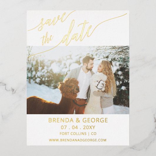 Eenvoudige Gold Script-kalligrafie Sparen de Datum Folie Uitnodiging Briefkaart (Voorkant)