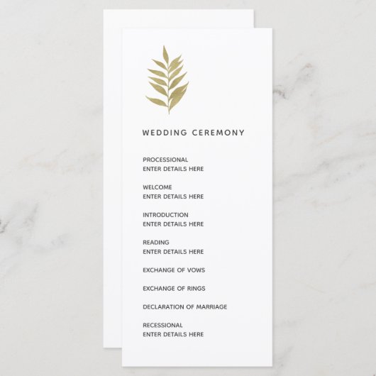 Eenvoudige gouden blad botanische bruiloft ceremon programma (Voorkant / Achterkant)