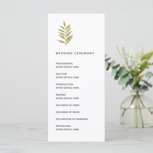 Eenvoudige gouden blad botanische bruiloft ceremon programma (Staand voorkant)