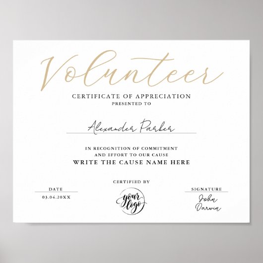 Eenvoudige Gouden Certificaat van Waardering voor Poster (Voorkant)