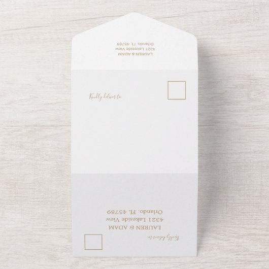 Eenvoudige gouden en witte kalligrafie bruiloft all in one uitnodiging (Buitenkant)