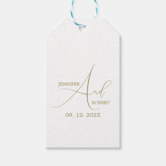 Eenvoudige gouden kalligrafie witte huwelijkscadea cadeaulabel