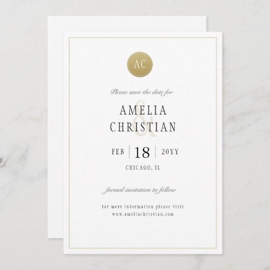 Eenvoudige gouden monogram trouwkaart 'Save the Da Save The Date (Voorkant / Achterkant)