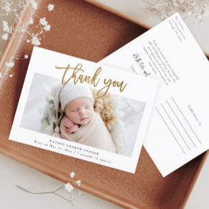 Eenvoudige Gouden Script Foto Baby Bedankt Briefkaart