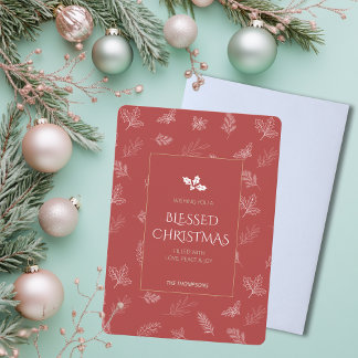 Eenvoudige gouden winter laat rode kerst achter feestdagenkaart
