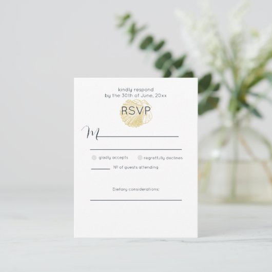 Eenvoudige Gouden Zee Schelp en Diep Prussiaans Bl RSVP Kaartje (Staand voorkant)