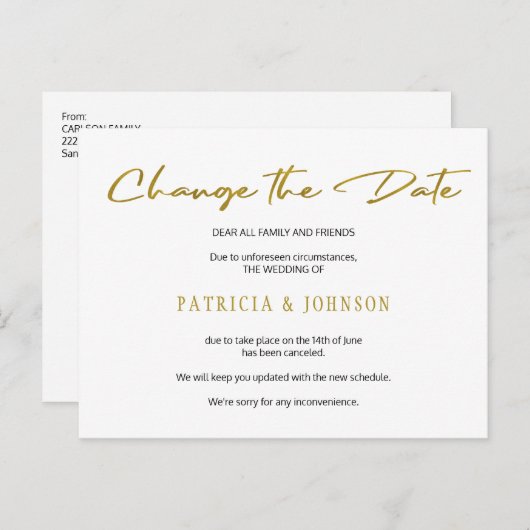 Eenvoudige goudglitter bruiloft verandert datum aankondigingskaart (Voorkant / Achterkant)