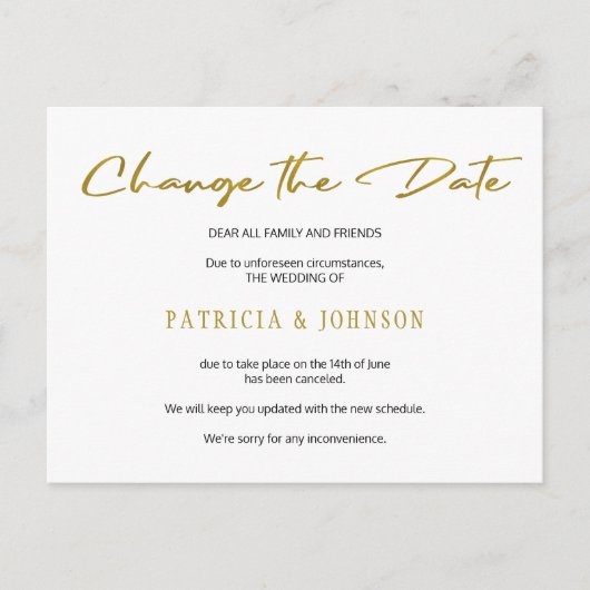 Eenvoudige goudglitter bruiloft verandert datum aankondigingskaart (Voorkant)