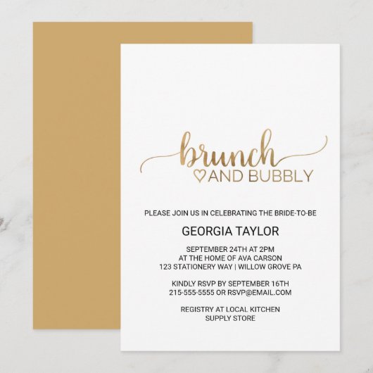 Eenvoudige goudkalligrafie Brunch en Bubble Kaart (Voorkant / Achterkant)