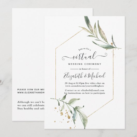 Eenvoudige Greenery Geometric Online Virtual Weddi Kaart (Voorkant / Achterkant)