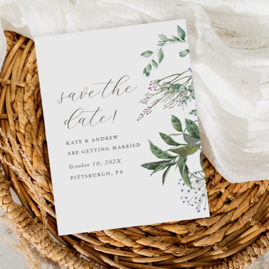 Eenvoudige Greenery Meadow Fotobruiloft Sla de dat Briefkaart