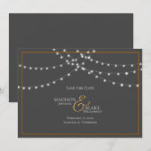 Eenvoudige Grijs en Koper String Lights Save the D Date (Voorkant / Achterkant)