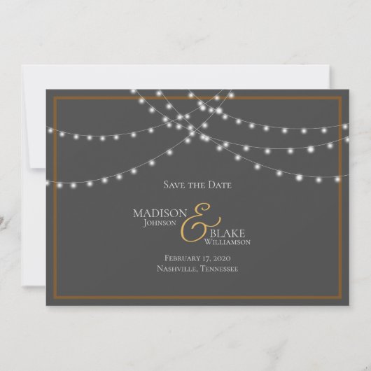 Eenvoudige Grijs en Koper String Lights Save the D Save The Date (Voorkant)