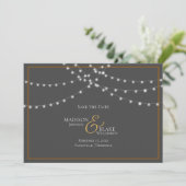 Eenvoudige Grijs en Koper String Lights Save the D Save The Date (Staand voorkant)