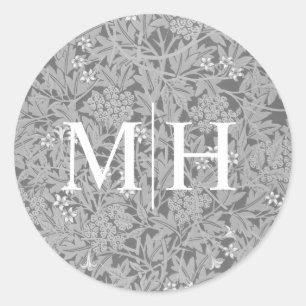 Eenvoudige grijze bloemige monogram huwelijksenvel ronde sticker