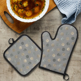 Eenvoudige grijze en zilverpokkendots Modern & Ele Ovenwant & Pannenlap Set