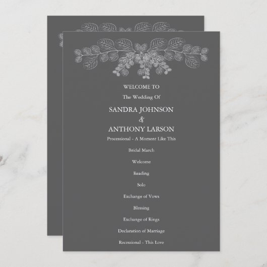 Eenvoudige Grijze Eucalyptus Line Art Wedding Programma (Voorkant / Achterkant)