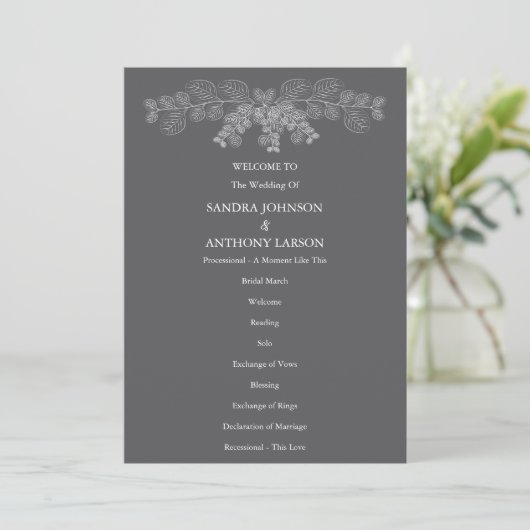 Eenvoudige Grijze Eucalyptus Line Art Wedding Programma (Staand voorkant)