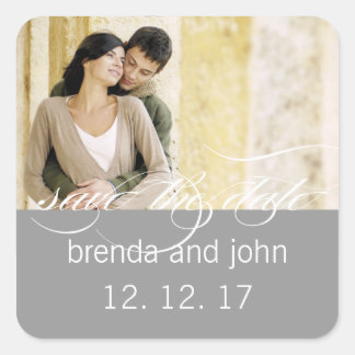 Eenvoudige grijze foto Save the Date Wedding Stick Vierkante Sticker