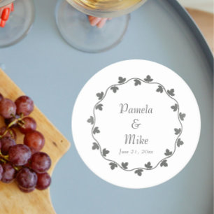 Eenvoudige Grijze Ivy Krans Monogram Huwelijk Ronde Kartonnen Onderzetter
