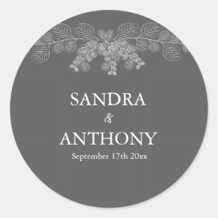 Eenvoudige Grijze Lijn Art Eucalyptus Wedding Ronde Sticker