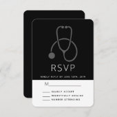 Eenvoudige grijze stethoscoop op zwart RSVP kaartje (Voorkant / Achterkant)